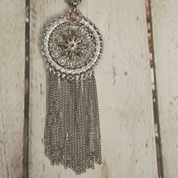 Colorful Round Medallion Pendant with Tassels on Long Silver Tone Chain Necklace - Picture 6 of 7